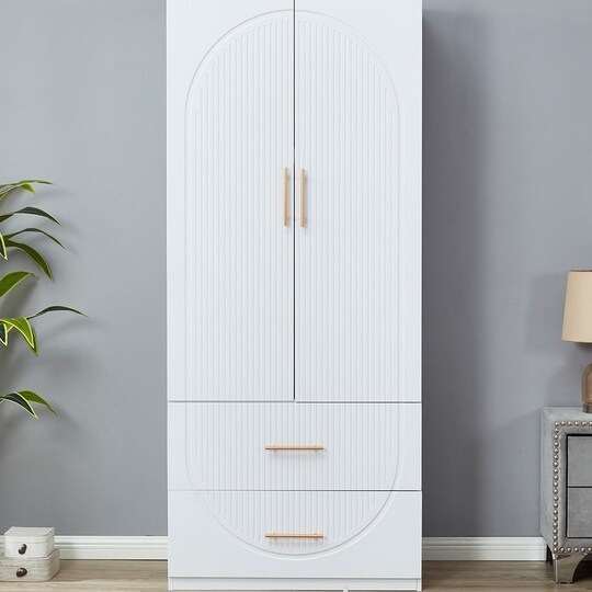 Livelylodge 74.2" H White 2 Doors 2 Drawers Modern Wooden Armoire Wardrobe Bedroom Freestanding Closet
